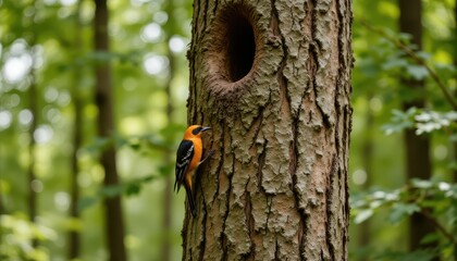 Fototapeta premium Colorful Bird Perched on Tree in Lush Forest Wildlife Photography Serene Natural Environment Close View