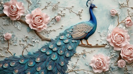 Beautiful peacock with vibrant feathers among pink roses on decorative wall