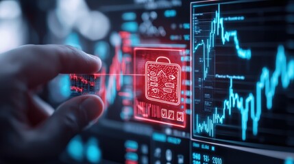 Analyzing financial data with advanced technology digital workspace interactive graphs futuristic environment close-up view innovation