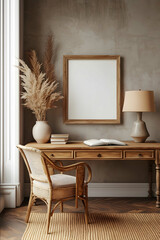 traditional home office 40 x 30 blank wooden frame on the wall front view mockup