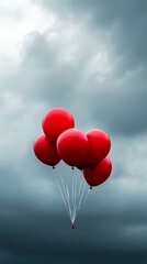 Fototapeta premium High detail of red balloons flying in stormy sky, symbol of uncontrolled inflation