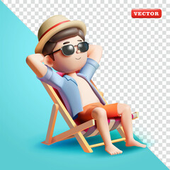 Man in summer clothes sitting relaxed on beach chair, 3d vector. Suitable for both vacation and business