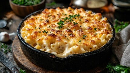 A baked macaroni and cheese dish with a golden-brown crust
