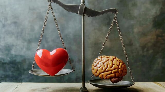 A striking display of a heart and a brain balanced on a scale illustrates the balance between emotions and intellect,  oncept of morality vs. law