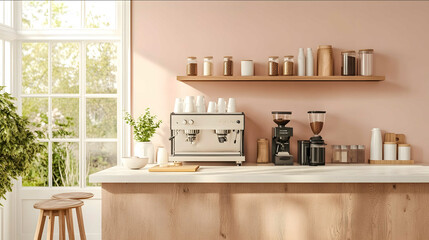 beautiful image of a wall with a coffee bar setup at home there is a kitchen island counter in front of it there is a window on the wall behind pastel color to