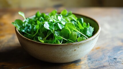 Fresh lambs lettuce salad in a rustic bowl on wooden tabletop backdrop