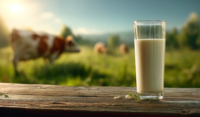 Glass of Milk on Rustic Wood with Cows in Pasture