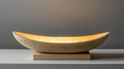 A modern, minimalist table lamp with a curved bowl and warm glow.