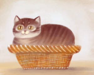 Tabby Cat in Cozy Wicker Basket