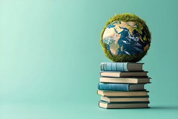 Eco-friendly globe resting on stacked books