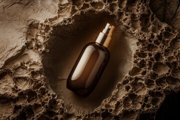product photograph of a spray bottle cosmetic product placed on a textured rock. 