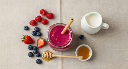 Fototapeta premium Healthy Berry Smoothie With Fresh Fruit And Natural Sweeteners For Breakfast