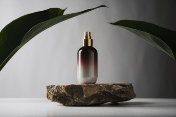 Cosmetic bottle product placed on a rock. A white background and a few green leaves in the foreground. 