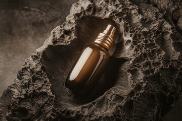 product photograph of a spray bottle cosmetic product placed on a textured rock. 