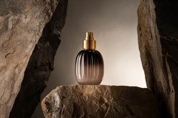 Cosmetic bottle product placed on a rock. The setting is minimal, with only a few rocks visible.