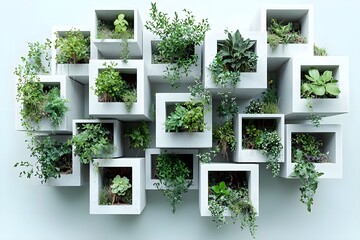 Modern vertical garden with diverse plant arrangements