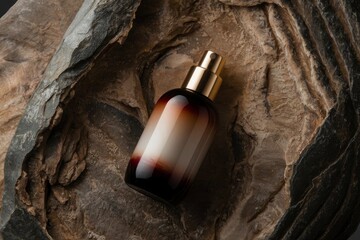 product photograph of a spray bottle cosmetic product placed on a textured rock. 