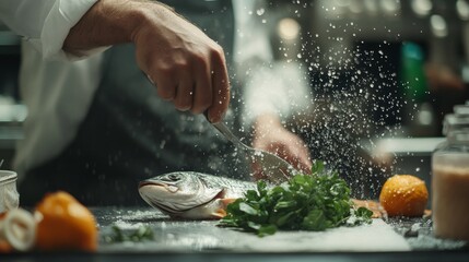 Chef preparing fresh seafood in kitchen. Featuring vibrant fish and aromatic herbs