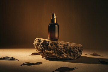 Cosmetic bottle product placed on a rock. A white background and a few green leaves in the foreground. 