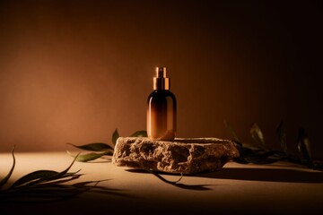 Cosmetic bottle product placed on a rock. A white background and a few green leaves in the foreground. 