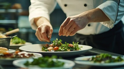 Chef preparing gourmet dishes. Featuring culinary expertise and fine dining