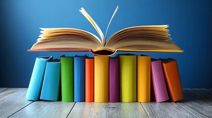 Fototapeta premium Stack of Colorful Books with Open Book on Top, A stack of colorful hardcover books with an open book on top, set against a blue background