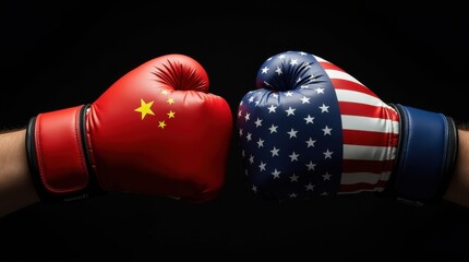 Boxing gloves with China and USA flags in confrontation, black background, symbolizing international rivalry and power struggle