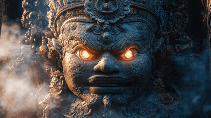 Stone guardian statue with glowing eyes amidst swirling smoke in an ancient temple at dusk