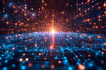 Futuristic digital landscape with glowing circuitry and sparks