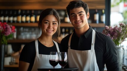 Smiling hospitality staff presenting wine glasses in a warmly lit restaurant setting. Professional and inviting atmosphere