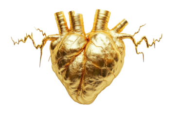 A golden human heart richly detailed and textured pulsates with life against a stark black background Its vessels gleam