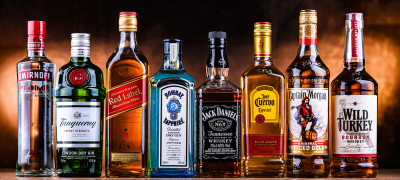 Bottles of popular global liquor brands