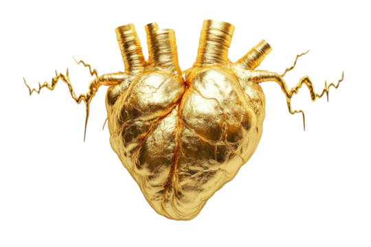 A golden human heart richly detailed and textured pulsates with life against a stark black background Its vessels gleam