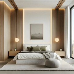 A modern bedroom with white walls wooden panels on the walls and ceiling beige carpet in front of the bed soft green accents warm lighting from neon lamps above