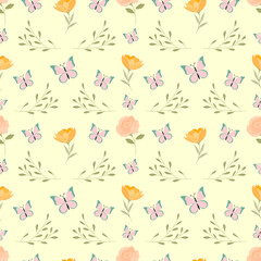 Seamless pattern with pink and yellow flowers, butterflies and green leaves in pastel colors. Drawing in flat minimalist style, top view. Delicate spring summer atmosphere