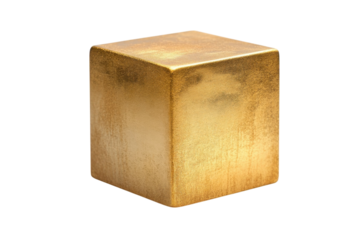 A lustrous golden cube perfectly formed sits against a stark black background Its rich texture and warm glow captivate