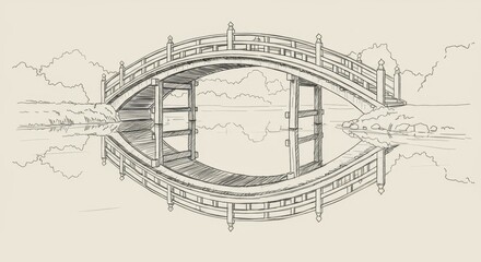 Japanese Bridge Drawing over Calm Water