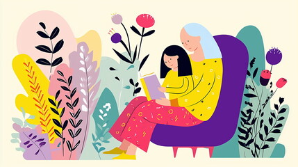 Mother and daughter reading together in garden &ndash; flat vector illustration. Surrounded by vibrant flowers, leafy plants. Colorful. 