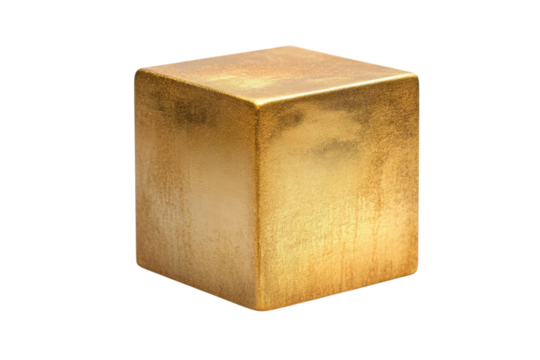 A lustrous golden cube perfectly formed sits against a stark black background Its rich texture and warm glow captivate