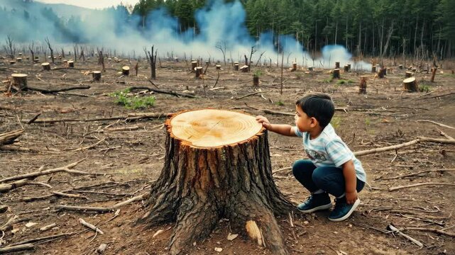 Young child touches large tree stump in barren logged forest area with smoke in the distance, deforestation concept.