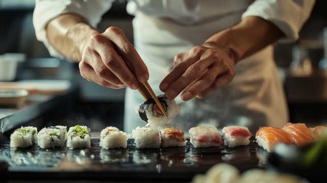Chef preparing sushi in restaurant kitchen. Featuring fresh ingredients and precise techniques