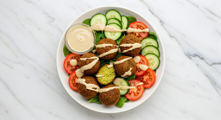 Healthy Falafel Salad With Fresh Vegetables And Creamy Tahini Dressing