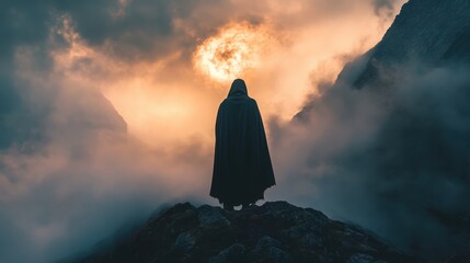Mysterious figure stands on rocky terrain against a glowing full moon in a cloudy night sky