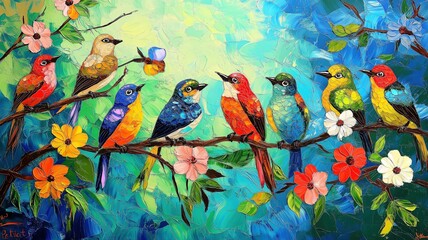 Colorful birds perched on a branch with flowers in a vibrant natural setting