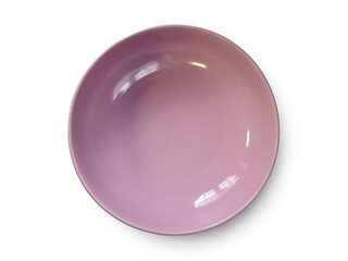 Empty Pink Ceramic Bowl isolated on white background with clipping path. Top view Flat lay. Purple plate mockup with blank space for food design.