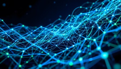 A mesmerizing cosmic network of glowing blue and green energy pulses, creating a dynamic, interconnected landscape of light.