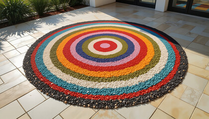 Obraz premium Vibrant pebble mandala art in sunny courtyard, visual harmony