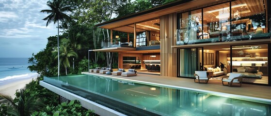 Ultra luxury tropical beach resort villa nestled in lush greenery. Modern open air architecture with wooden accents and floor to ceiling glass walls. Infinity pool reflecting turquoise ocean
