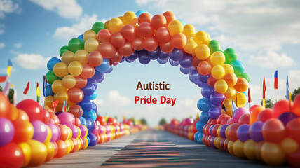 Colorful rainbow balloon arch celebrating autistic pride day in a vibrant outdoor setting