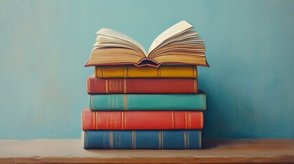 Fototapeta premium Stack of Colorful Books with Open Book on Top, A stack of colorful hardcover books with an open book on top, set against a blue background
